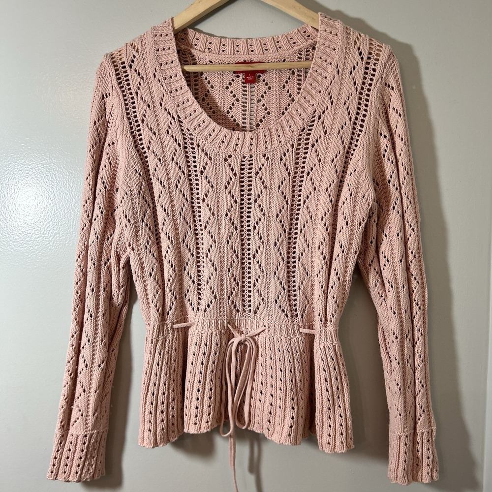 Elle Sweater L Blush Knit Tie Waist Peplum Crochet Feminine Cottage Babydoll